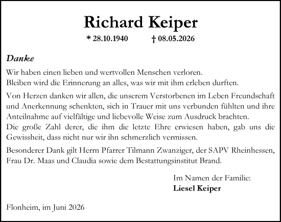 Traueranzeige von Richard Keiper von Allgemeine Zeitung Alzey