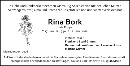 Traueranzeige von Rina Bork von Allgemeine Zeitung Mainz