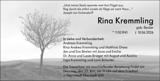 Traueranzeige von Rina Kremmling von Darmstädter Echo