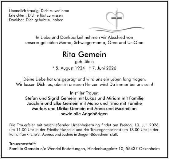 Traueranzeige von Rita Gemein von Binger-/Ingelheimer Wochenblatt