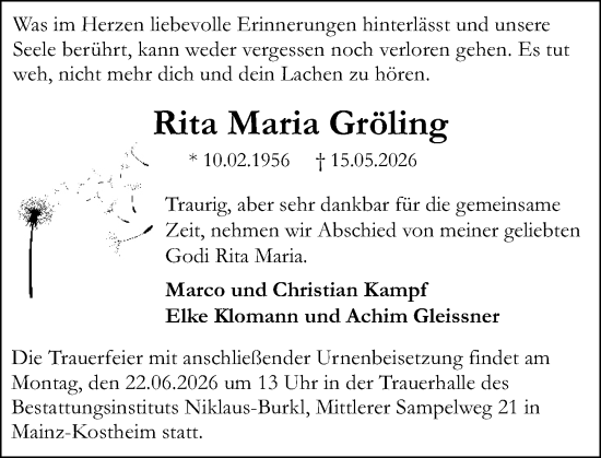 Traueranzeige von Rita Maria Gröling von Allgemeine Zeitung Mainz