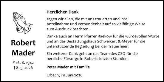 Traueranzeige von Robert Mader von Odenwälder Echo
