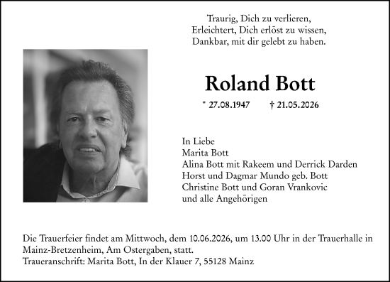 Traueranzeige von Roland Bott von Allgemeine Zeitung Mainz