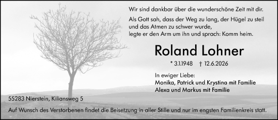 Traueranzeige von Roland Lohner von Allgemeine Zeitung Rheinhessen-Nahe