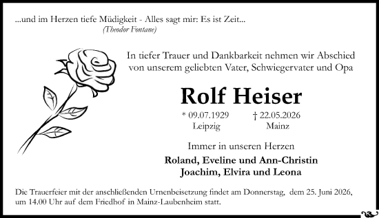 Traueranzeige von Rolf Heiser von Allgemeine Zeitung Mainz