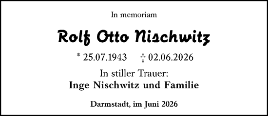 Traueranzeige von Rolf Otto Nischwitz von Darmstädter Echo