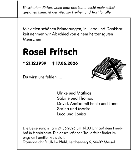 Traueranzeige von Rosel Fritsch von Darmstädter Echo