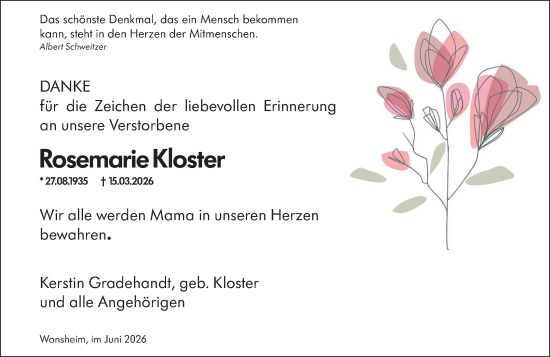 Traueranzeige von Rosemarie Kloster von Allgemeine Zeitung Alzey