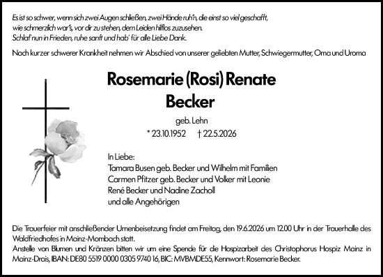 Traueranzeige von Rosemarie Renate Becker von Allgemeine Zeitung Mainz
