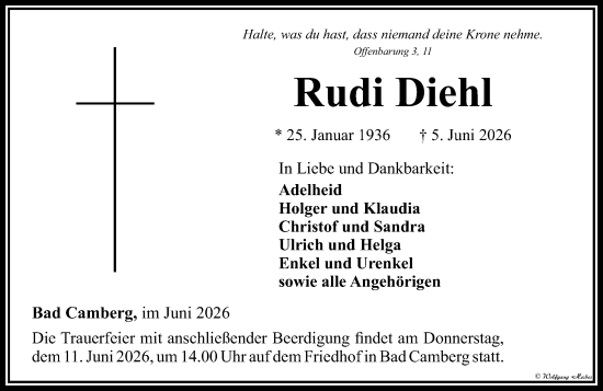 Traueranzeige von Rudi Diehl von Camberger Anzeiger