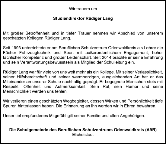 Traueranzeige von Rüdiger Lang von Odenwälder Echo