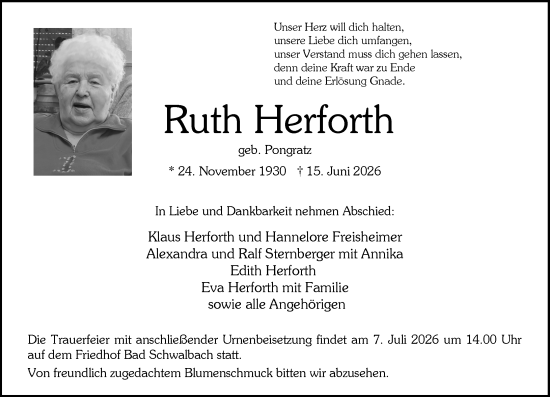 Traueranzeige von Ruth Herforth von Wiesbadener Kurier
