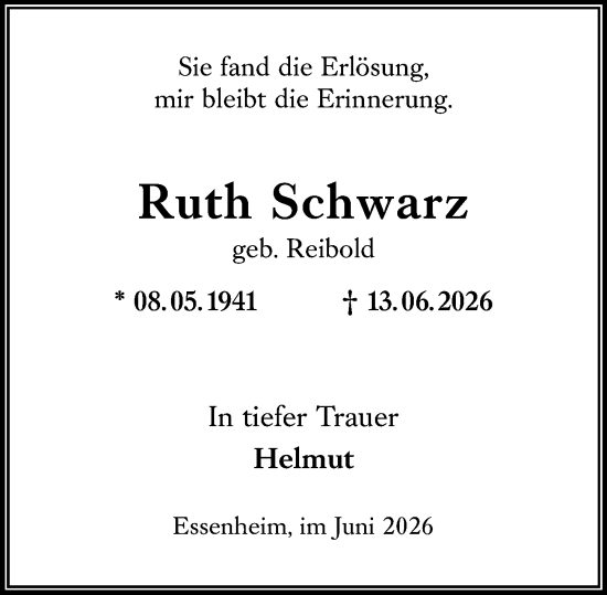 Traueranzeige von Ruth Schwarz von Allgemeine Zeitung Mainz