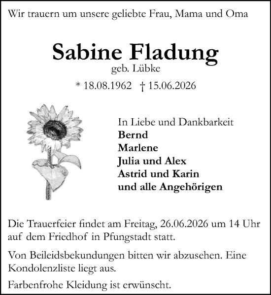 Traueranzeige von Sabine Fladung von Darmstädter Echo