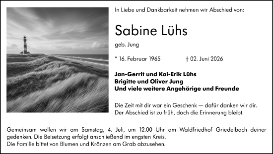 Traueranzeige von Sabine Lühs von Wetzlarer Neue Zeitung
