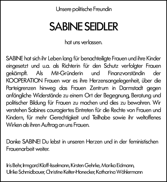 Traueranzeige von Sabine Seidler von Darmstädter Echo