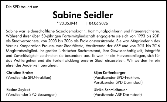 Traueranzeige von Sabine Seidler von Darmstädter Echo