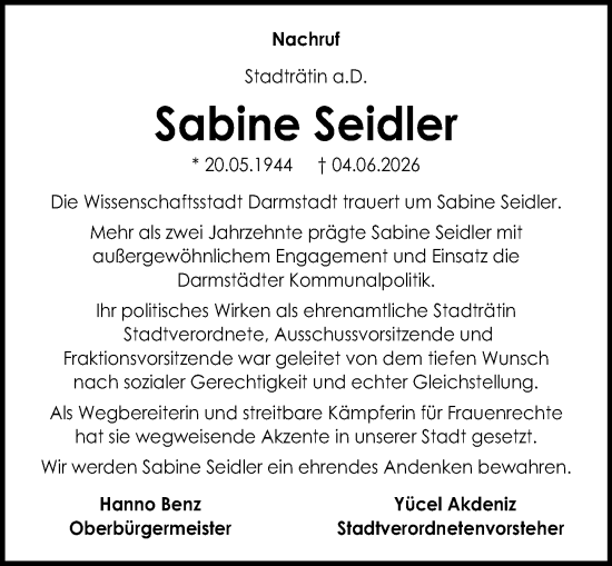 Traueranzeige von Sabine Seidler von Darmstädter Echo
