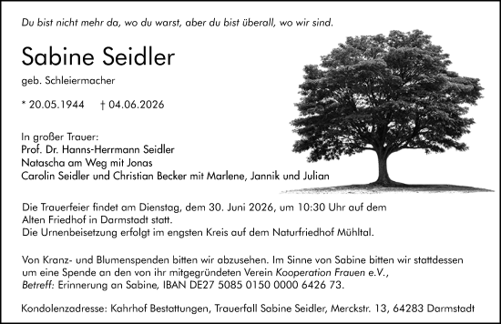 Traueranzeige von Sabine Seidler von Darmstädter Echo