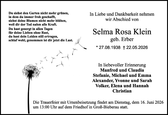 Traueranzeige von Selma Rosa Klein von Darmstädter Echo