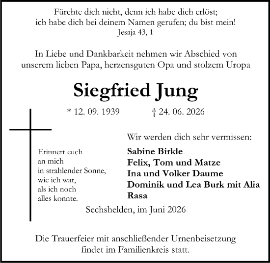 Traueranzeige von Siegfried Jung von Dill Block