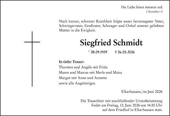 Traueranzeige von Siegfried Schmidt von Weilburger Tageblatt
