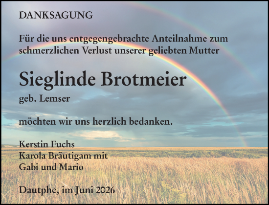 Traueranzeige von Sieglinde Brotmeier von Hinterländer Anzeiger