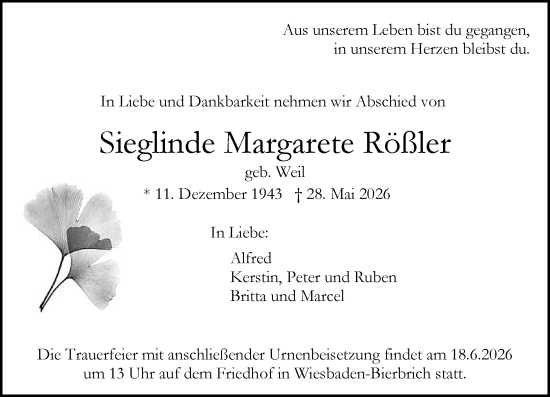 Traueranzeige von Sieglinde Margarete Rößler von Wiesbadener Kurier