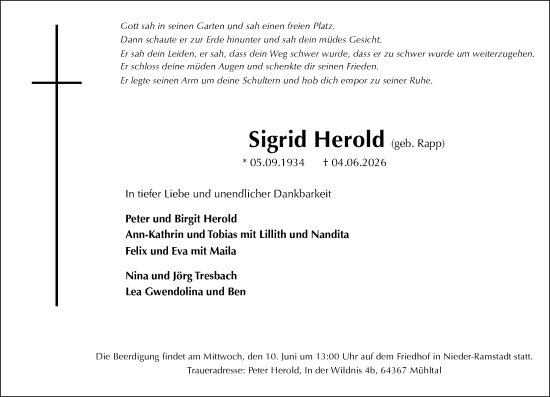 Traueranzeige von Sigrid Herold von Darmstädter Echo