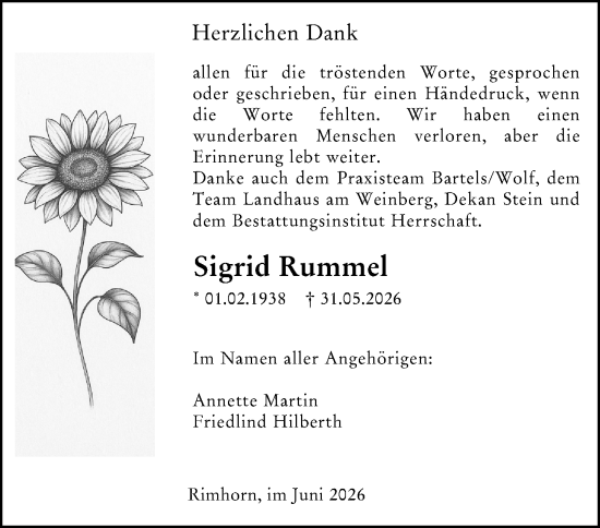 Traueranzeige von Sigrid Rummel von Odenwälder Echo
