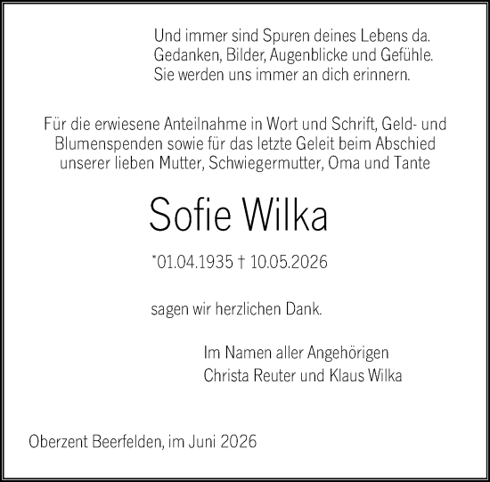 Traueranzeige von Sofie Wilka von Odenwälder Echo
