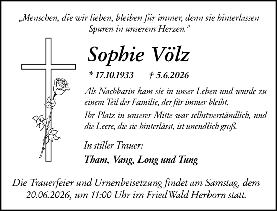 Traueranzeige von Sophie Völz von Dill Block