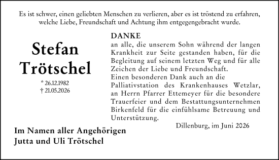Traueranzeige von Stefan Trötschel von Dill Block
