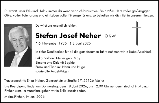 Traueranzeige von Stefan Josef Neher von Allgemeine Zeitung Mainz