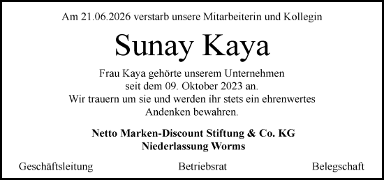 Traueranzeige von Sunay Kaya von Rüsselsheimer Echo
