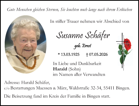 Traueranzeige von Susanne Schäfer von Binger-/Ingelheimer Wochenblatt
