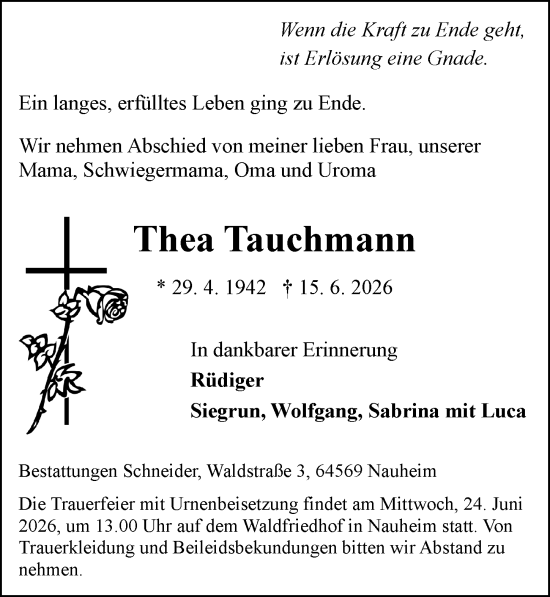 Traueranzeige von Thea Tauchmann von Rüsselsheimer Echo