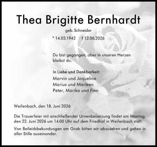 Traueranzeige von Thea Brigitte Bernhardt von Hinterländer Anzeiger