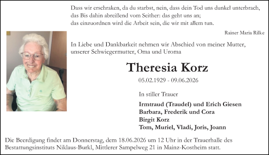 Traueranzeige von Theresia Korz von Allgemeine Zeitung Mainz
