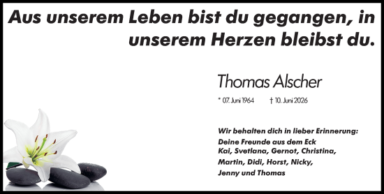Traueranzeige von Thomas Alscher von Allgemeine Zeitung Alzey