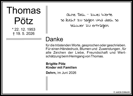 Traueranzeige von Thomas Pötz von Nassauische Neue Presse