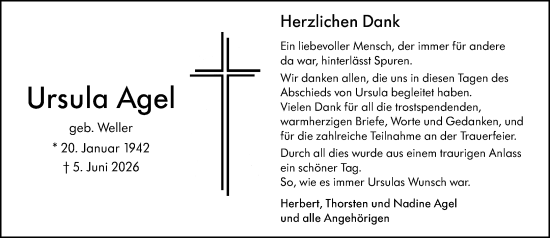 Traueranzeige von Ursula Agel von Wetzlarer Neue Zeitung