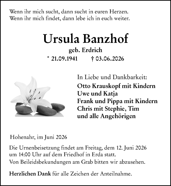 Traueranzeige von Ursula Banzhof von Wetzlarer Neue Zeitung