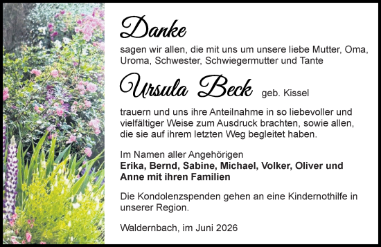 Traueranzeige von Ursula Beck von Weilburger Tageblatt