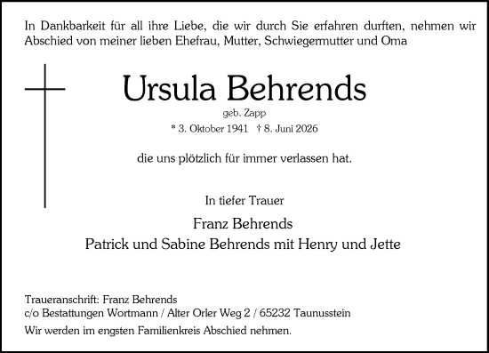 Traueranzeige von Ursula Behrends von Wiesbadener Kurier