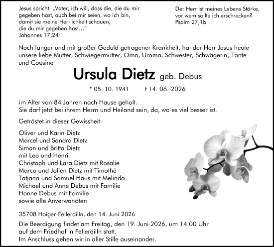 Traueranzeige von Ursula Dietz von Dill Block