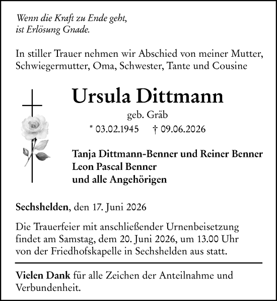 Traueranzeige von Ursula Dittmann von Dill Block