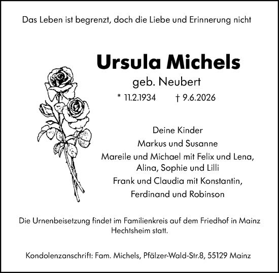 Traueranzeige von Ursula Michels von Allgemeine Zeitung Mainz