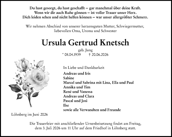 Traueranzeige von Ursula Gertrud Knetsch von Weilburger Tageblatt