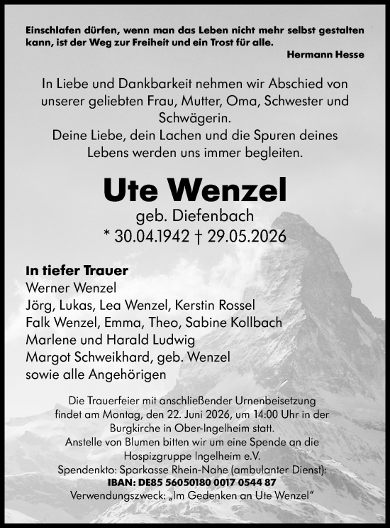 Traueranzeige von Ute Wenzel von Allgemeine Zeitung Rheinhessen-Nahe